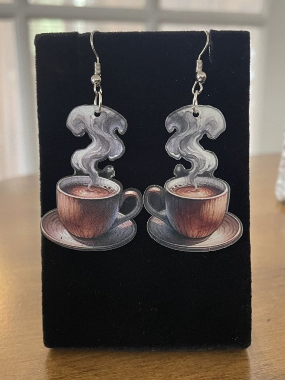 Coffee Cup Earrings Acrylic Dangle Drop Hot Latte Steam Stainless Steel Hooks